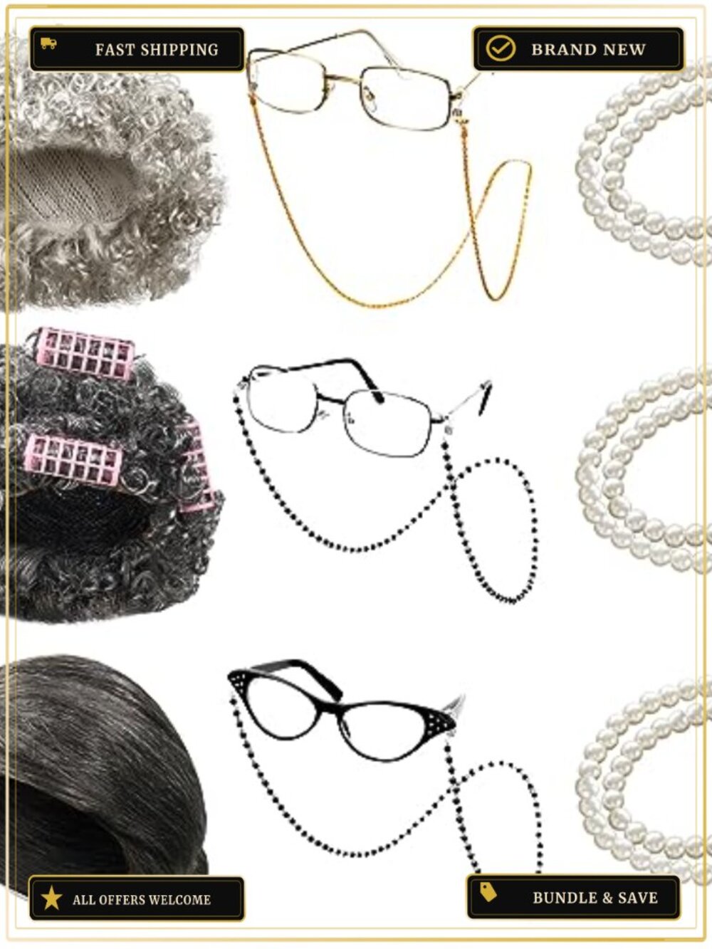Grandma Wig Old Lady Costume Set 9 Pcs Polyester Plastic Necklace Glasses